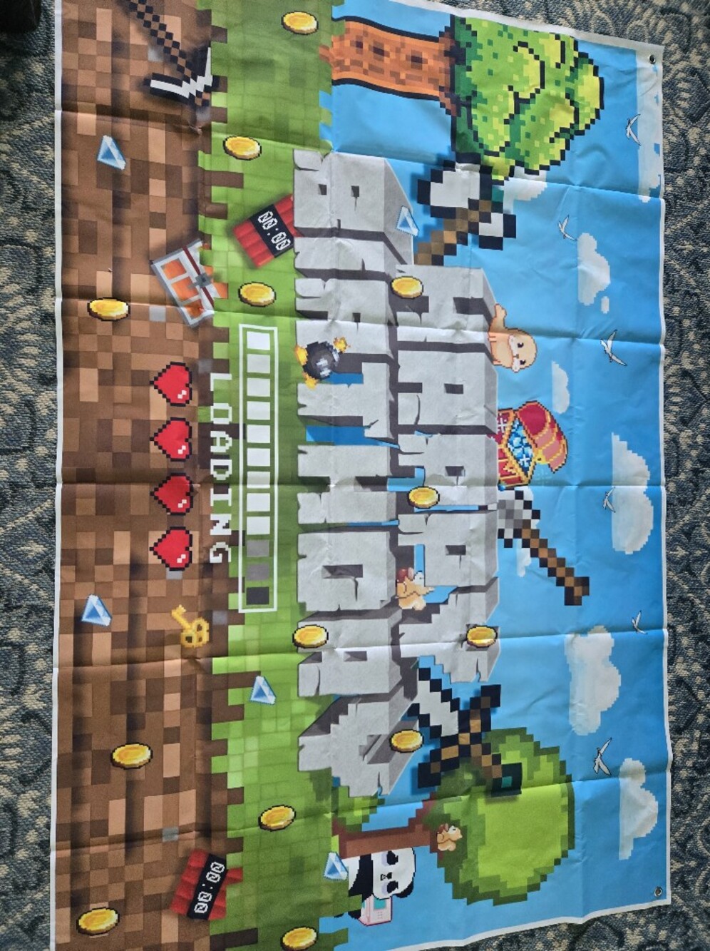 Minescraft Theme Pixel Game Banner with Coins & Characters - Bright Blue/Green
